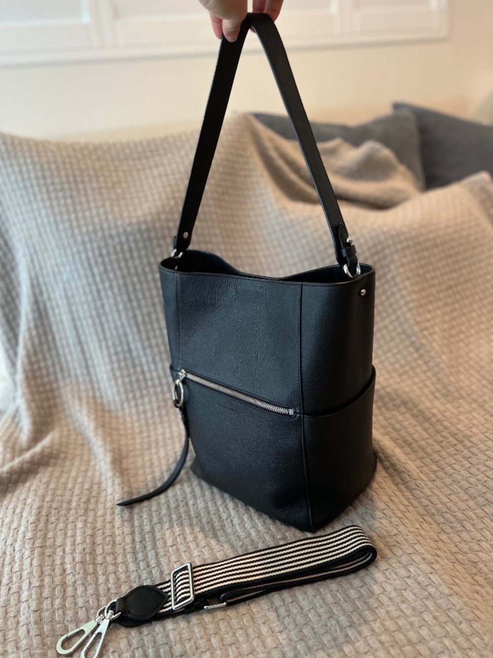 Rebecca Minkoff Black Leather Shoulder Bag with Striped Strap - Picture 7 of 12